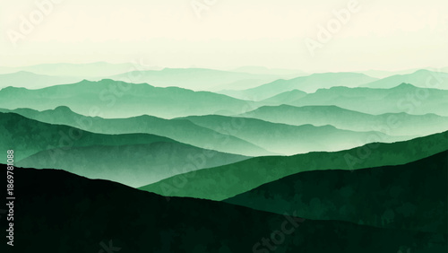 Abstract Serene, layered mountain landscape with rolling peaks shrouded in a soft, ethereal mist.