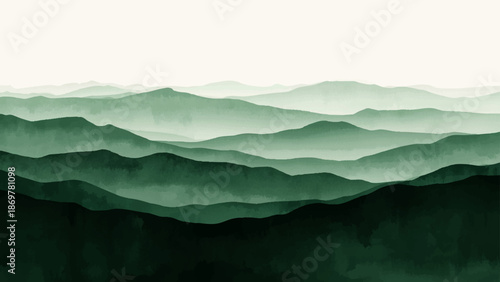 A breathtaking mountain landscape features snowy peaks and a lush forest valley under a serene blue sky at sunrise, with misty clouds and fog rolling over the horizon at dawn