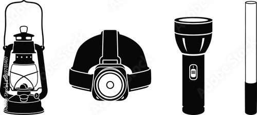 Silhouette vector set of 4 camping light sources kerosene lantern headlamp flashlight and glow stick