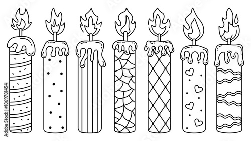 Black line candles with abstract geometric patterns. Different decorative candles with melted wax and flame. Monochrome outline sign vector set. Linear cliparts