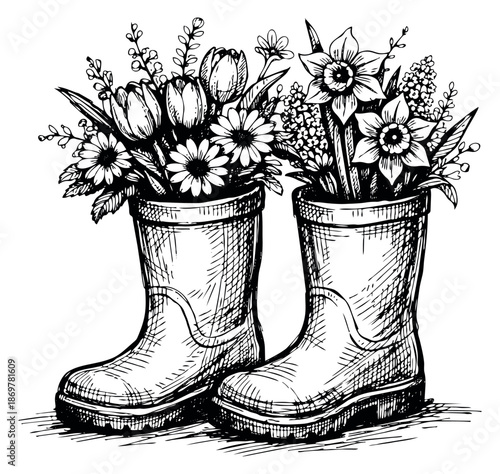 Hand drawn line art floral rain boots set featuring blooming spring flowers including tulips, daisies, and daffodils for a garden-themed design