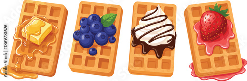 Delicious sweet waffles topped with butter, blueberries, whipped cream, chocolate drizzle, and fresh strawberry syrup illustration