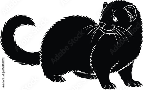 Solid white silhouette of ferret coiled tail playful pose, pet animal