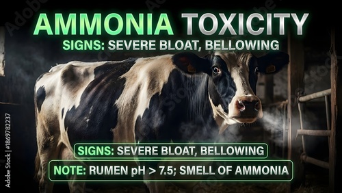 Ammonia toxicity in cattle causes severe bloat and bellowing in a black and white cow with animal health and veterinary and dairy and livestock