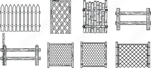 Outline illustration set of 6 garden fence styles picket fence lattice trellis bamboo fence rail fence and chain