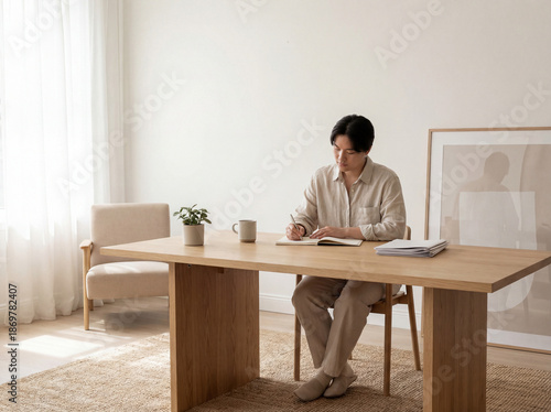 Mindful Morning Journaling at Minimalist Home Workspace