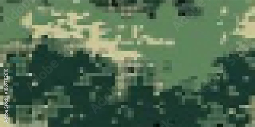 Abstract digital camouflage pattern. Seamless texture in muted greens and beige. Ideal for backgrounds, textile design, military or outdoor themes. Suggests concealment, strategy, and nature.