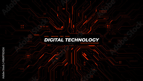 Red circuit board background with central text space. Digital tech pattern showcasing electronic connections and futuristic design for modern presentations. Digital vector background