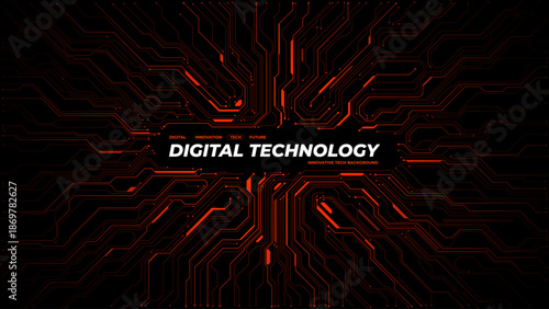 Abstract red circuit pattern with empty center area. Tech background featuring motherboard lines, network connections, and modern digital aesthetic for presentations. Digital vector background