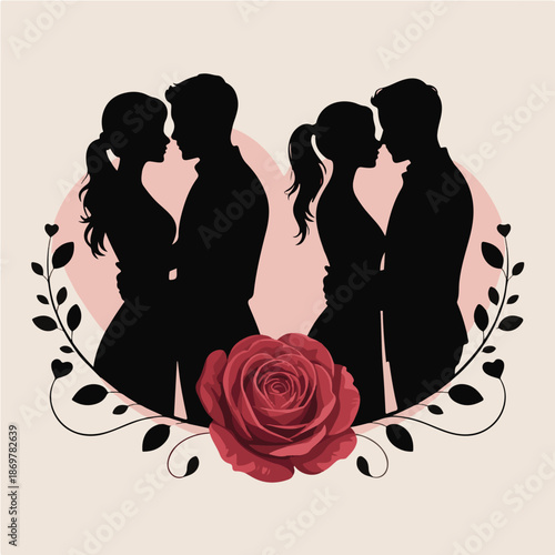 Romantic Silhouette Couples with Rose and Heart Shape Vector Illustration
