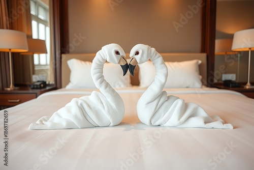 Romantic Hotel Bed with Towel Flamingo Love Decoration