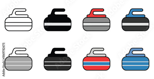 Curling stone icon set with different handle colors, vector illustrations representing curling sports equipment, game elements, winter sports, and professional digital