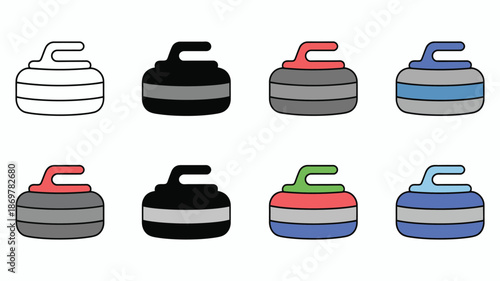 Curling stone icon set, featuring multiple handle colors, vector illustrations for curling sports, winter games, team activities