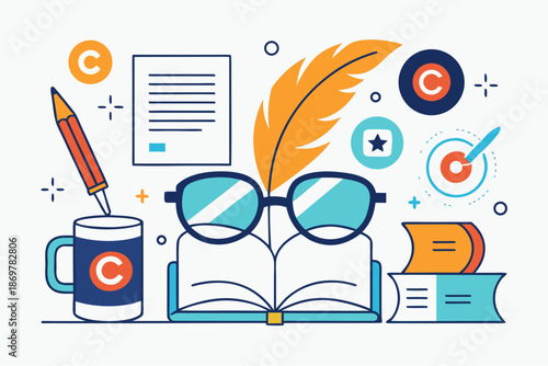 Creative writing and copyright concept with books, glasses, pencil, feather, and copyright symbols in a modern flat design style