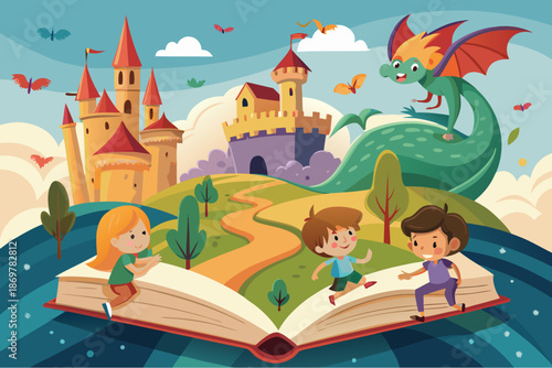 Children playing on an open storybook with a magical castle, trees, and a friendly dragon in a fantasy world