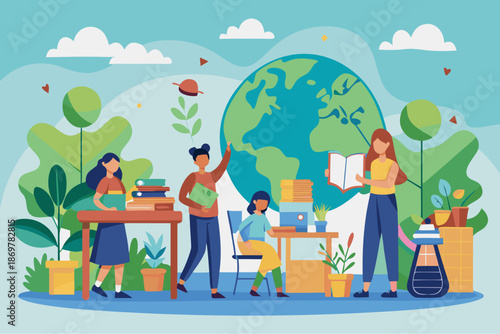Group of diverse people studying and working together with books and plants in front of a globe symbolizing global education and eco awareness