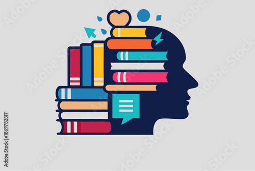 Colorful books forming a human head silhouette symbolizing knowledge, education, reading and personal development