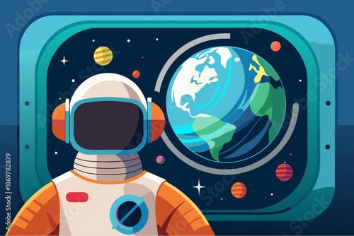 Astronaut standing in a spaceship looking at Earth through a window surrounded by stars and colorful planets in outer space