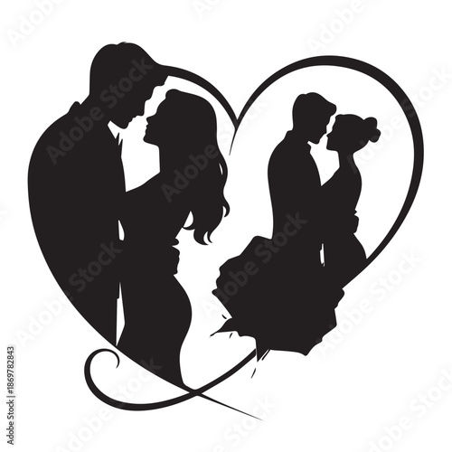 Romantic Couple Silhouette Inside Heart with Red Rose Vector Illustration