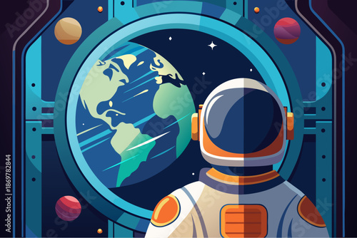 Astronaut looking at planet Earth through spaceship window representing space exploration and the beauty of our home planet