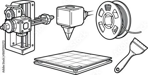 Outline illustration set of 5 3d printer parts extruder nozzle filament spool print bed and scraper tool