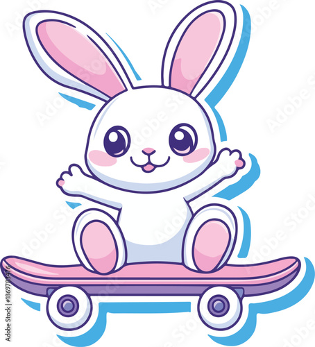 A cute cartoon vector illustration of a happy Easter bunny with a pink bow and long ears holding a spring holiday egg, isolated as a fun baby animal toy drawing for a greeting card