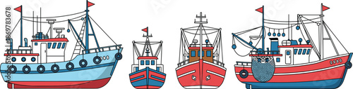A collection of colorful fishing boats and trawlers with nets, masts, and flags arranged in a horizontal lineup