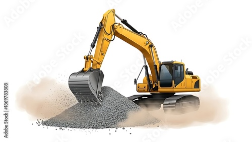 Yellow excavator digging into a pile of gravel on construction site