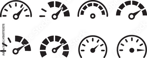 Speedometer Gauge Icon Set: Performance Measurement Symbols for Dashboard Design, Progress Tracking, and Automotive Illustrations on a Black Backdrop