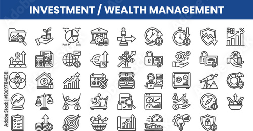 Investment & Wealth Management Outline Icon Set — Finance, Assets, Portfolio, Growth