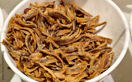 Crispy fried anchovies, known as ikan bilis in Malay.