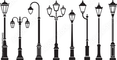 A practical collection of simple black silhouette streetlights with diverse designs and heights