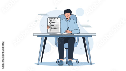 Man making priority list at desk, business planning concept, checklist, task management