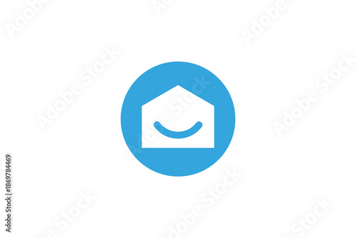 A blue smiley house logo on a white background with a simple design