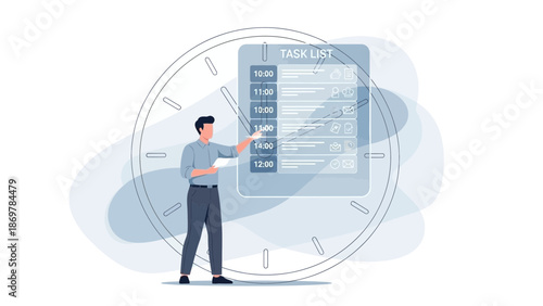 Man managing tasks on digital clock interface, planning daily schedule, time management concept