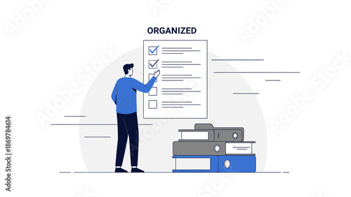 Man checking off tasks on organized list with binders, business efficiency concept
