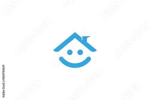 A blue smiley house logo on a white background with a simple design