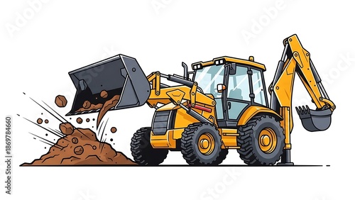 Yellow backhoe loader excavating dirt on construction site
