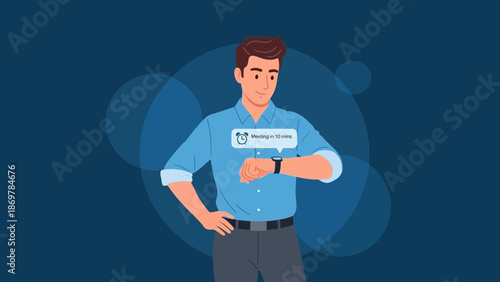 Man checking smart watch for meeting reminder, business concept, modern technology.