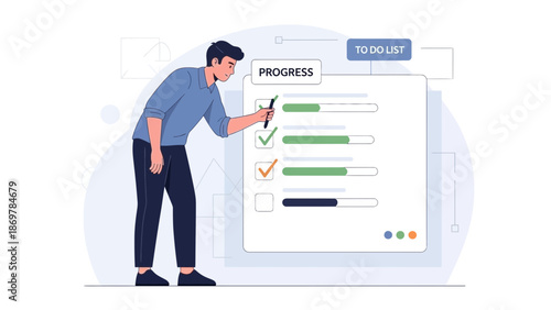Man checking progress on a to-do list with progress bars and checkmarks