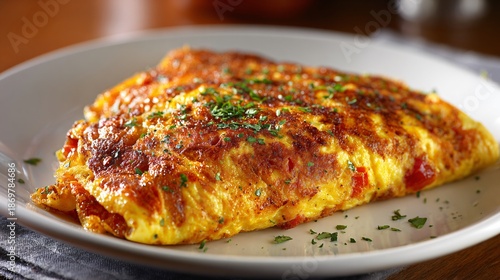 Wallpaper Mural Chorizo and cheese omelet, fluffy texture, herbs sprinkled, simple plate, morning light, minimal props Torontodigital.ca