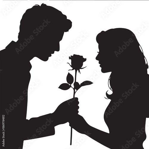 Romantic Silhouette Couple with Rose on Neutral Background Vector Illustration