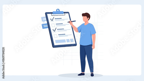 Man checking tasks on clipboard, planning, to-do list, checklist, project management, workflow illustration