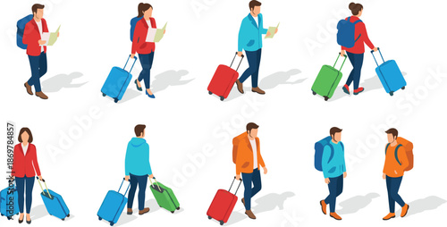 Travelers with luggage, casual outfits, map reading, airport navigation, vacation poses, tourism icons, walking travelers, transit illustration