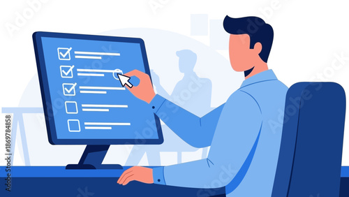 Man checking tasks on computer screen, online checklist, task management concept