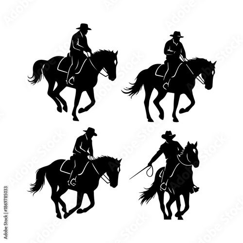 Dynamic silhouettes of cowboys expertly riding horses, showcasing equestrian skill and western heritage