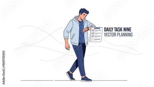 Man checking watch and checklist, planning daily tasks, vector illustration