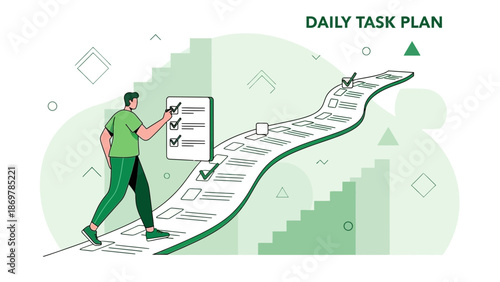 Man Climbing Stairs With Long Daily Task Plan Checklist