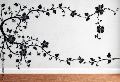 Intricate black floral vine mural on a textured wall, black wall decor, nature