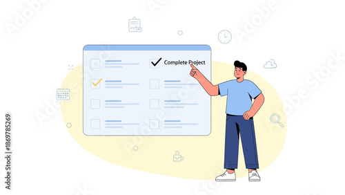 Man Completes Project Checklist Task on Digital Board, Business Success Concept